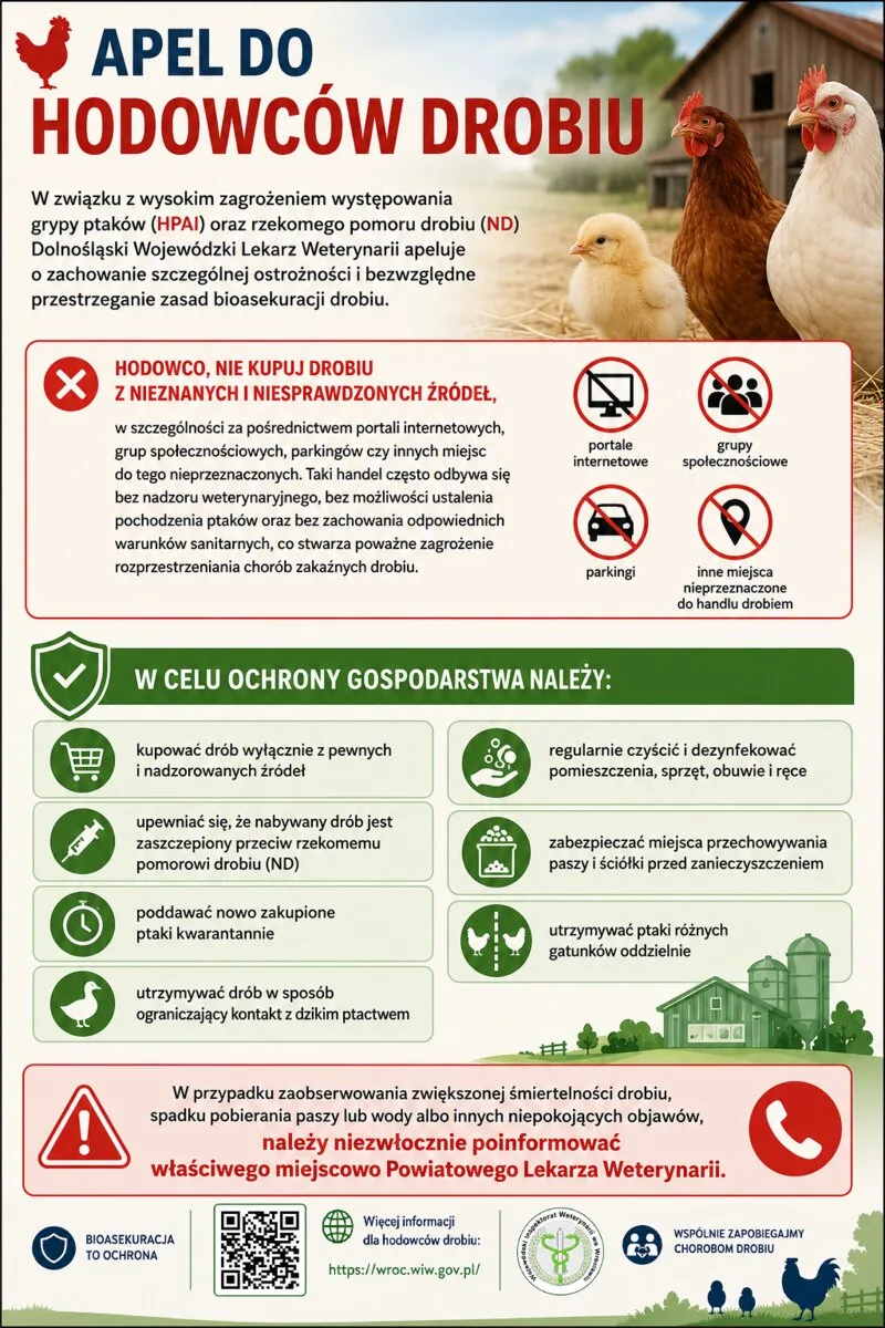 Apel Dolnośląskiego Wojewódzkiego Lekarza Weterynarii o zachowanie ostrożności w hodowli drobiu