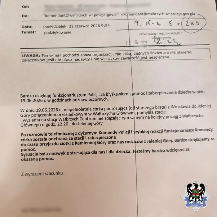 Podziękowania dla wałbrzyskich policjantów za pomoc w trudnej sytuacji