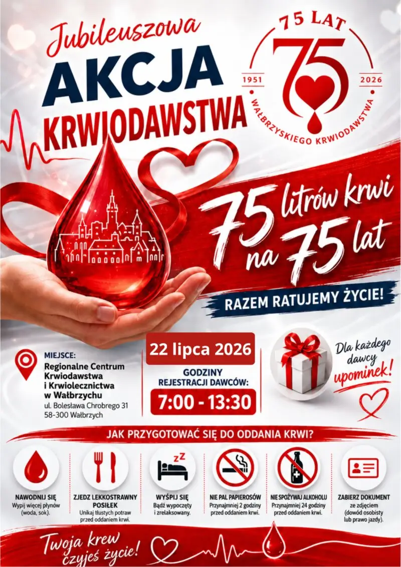 Jubileuszowa akcja krwiodawstwa w Wałbrzychu z okazji 75-lecia